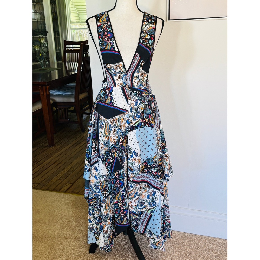 Topshop Blue Paisley Patchwork Pinafore Midi Sz 4 Halter Plunge Neck Boho - Picture 2 of 10